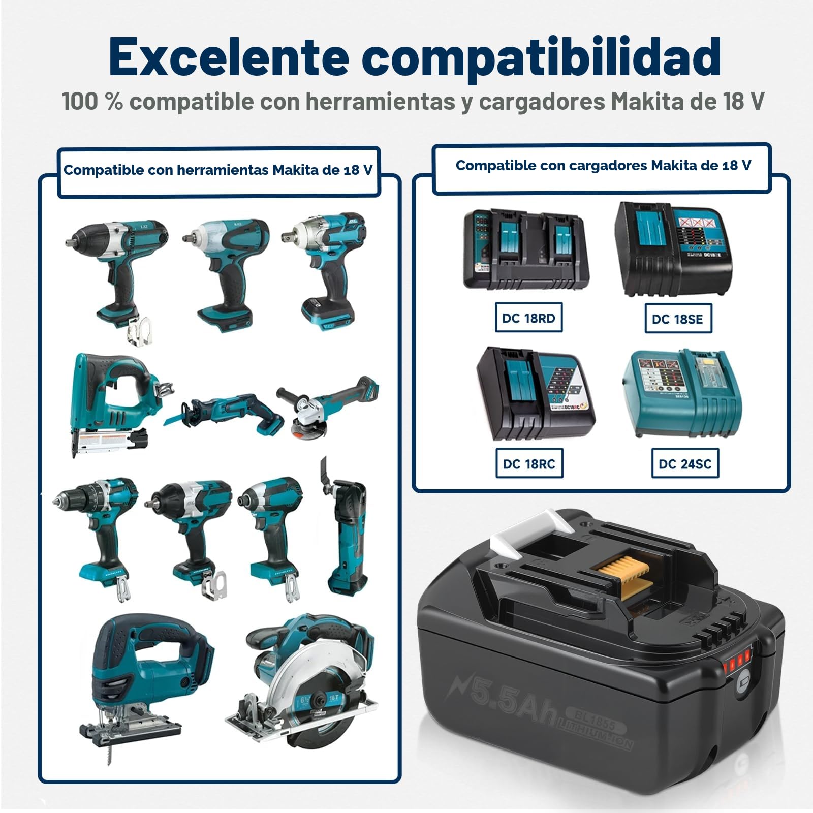 18V 5,5Ah Batería de repuesto para batería Makita de 18V con cargador Set BL1860B, BL1850, BL1840B, LXT400 | Carga rápida DC18RC 3A, protección contra sobrecalentamiento