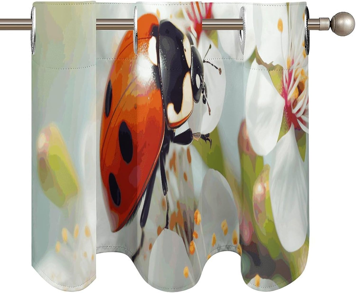 Butterfly Ladybug Flower Valance for Windows, 2 Pack Kitchen Curtains Modern Home Decor, Soft Blackout Window Curtains for Living Room & Bedroom, 18 X 52 Inch