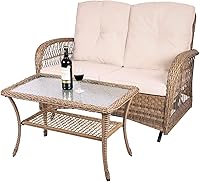 Vista 9 de MEETWARM Juego de 3 piezas de mimbre giratorio para patio al aire libre, mecedoras, juegos de muebles de patio de ratán con cojín grueso y mesa