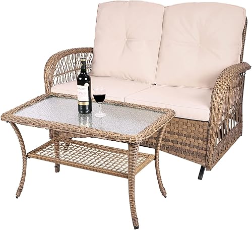 Miniatura 9 de MEETWARM Juego de 3 piezas de mimbre giratorio para patio al aire libre, mecedoras, juegos de muebles de patio de ratán con cojín grueso y mesa