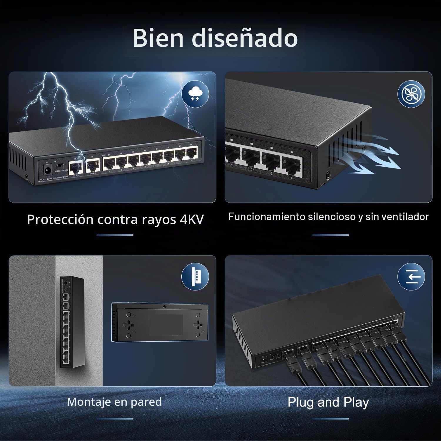 Binardat Switch Ethernet Gigabit de 10 puertos, 8 puertos 100/1000Mbps, 2 enlaces ascendentes Gigabit, compatible con Vlan, carcasa metálica no gestionado Plug and Play