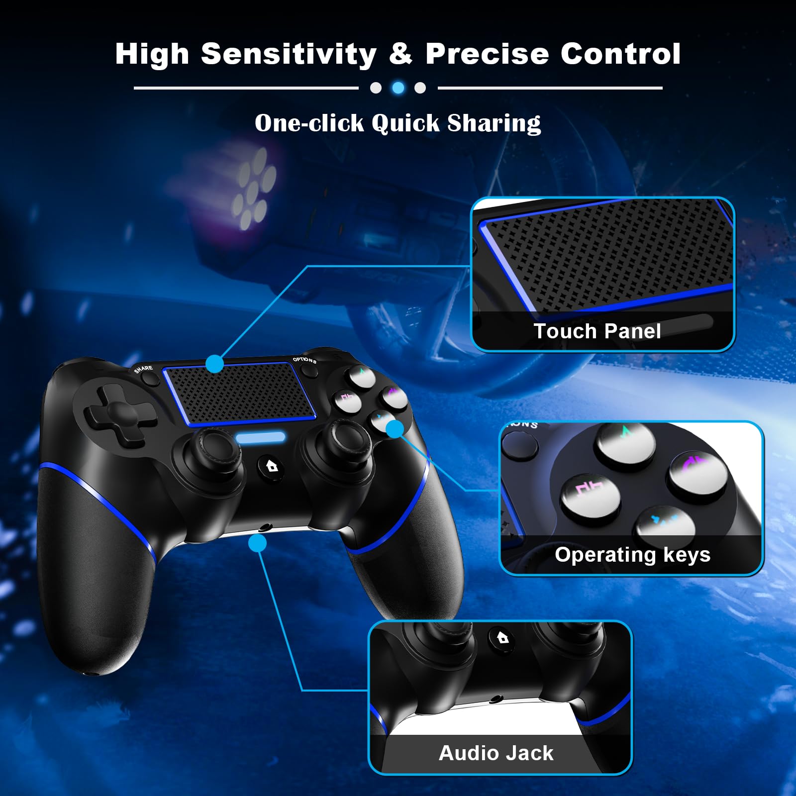 RCCBOOST REKBOO Manette pour PS4 Sans Fil, Manette Joystick Gamepad pour PS4/Slim/Pro avec Double Moteur Vibration, 600mah Batterie,Touch Panel, 3.5mm Audio Jack Speaker (Bleu)