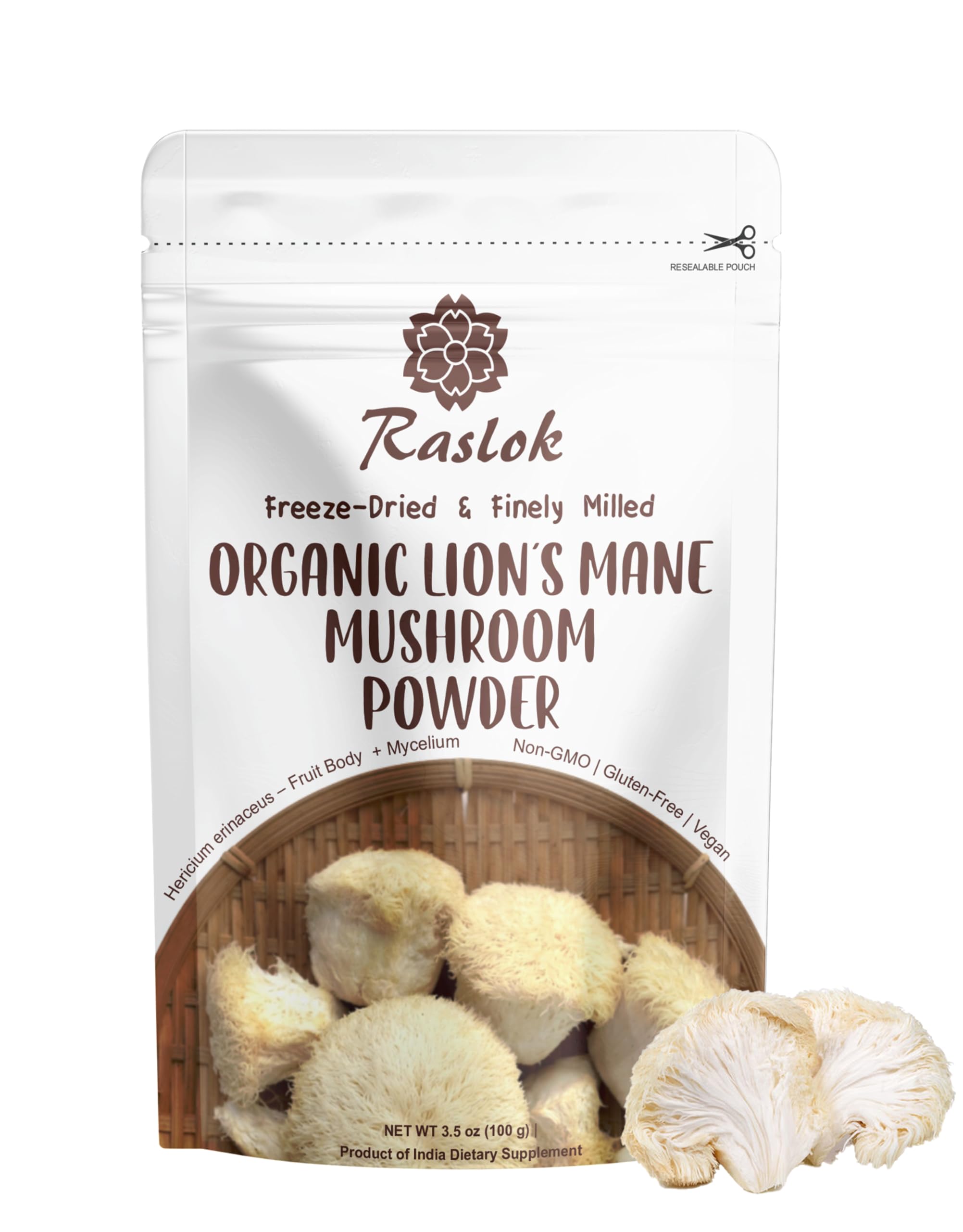 Raslok Organic Lion’s Mane Mushroom Powder – Freeze-Dried, Finely Milled – Fruit Body & Mycelium – No Additives – Vegan, Gluten-Free, Soy-Free – Dietary Supplement – 100g / 3.5 oz Resealable Pouch