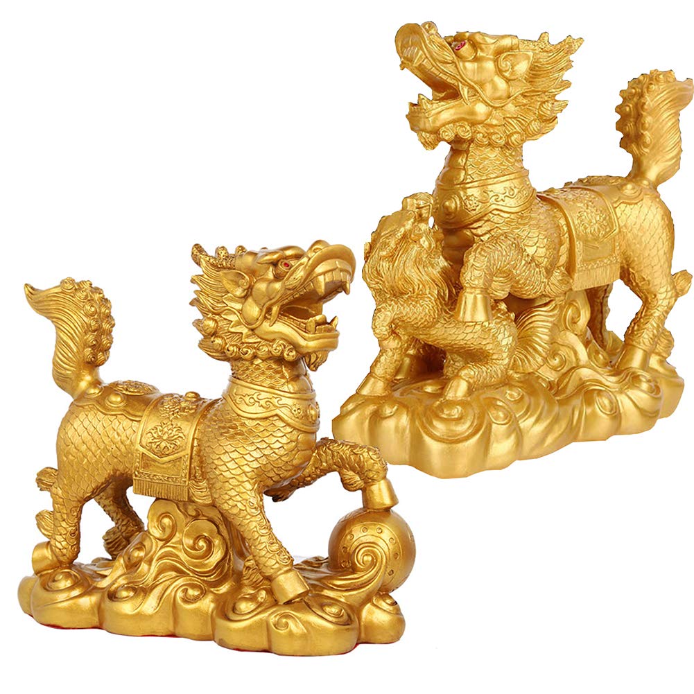 SnamicE Ornaments Ornament Golden Brass Qilin/Kylin Statue Sculpture, Decoration Gift Attract Wealth And Good Luck for Home Office,A,Stort Set-A