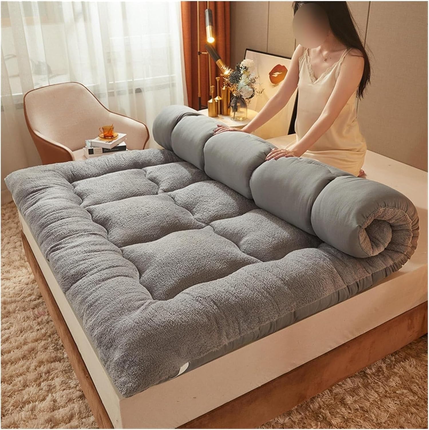 Japanese Futon Mattress Roll Up Sleeping Pad Portable Floor Tatami Mat Fluffy Bed Mattress Easy to Store(Gray,90 * 200cm)