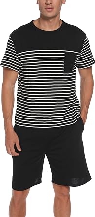 Mens Pajama Set Cotton Pajamas Striped Short Sleeve & Shorts Pjs Sets Sleepwear Summer Lounge Set with Pockets