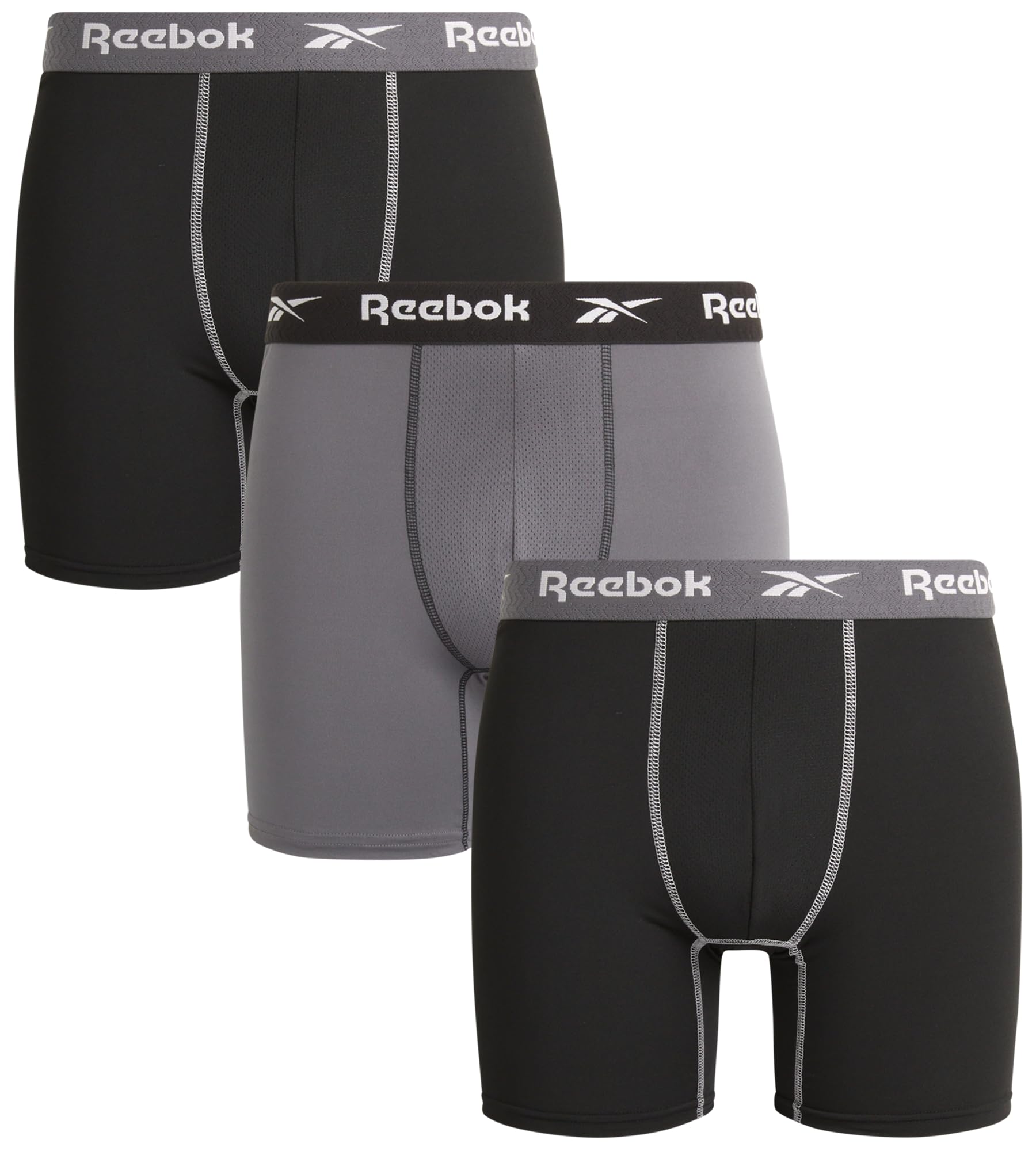 Reebok Men's Black/Blackened Pearl/Black Boxer Briefs - 3 Pack 6'' Inseam Moisture Wicking Underwear Tag Free Boxer Briefs With Contour Pouch, Size Medium,
