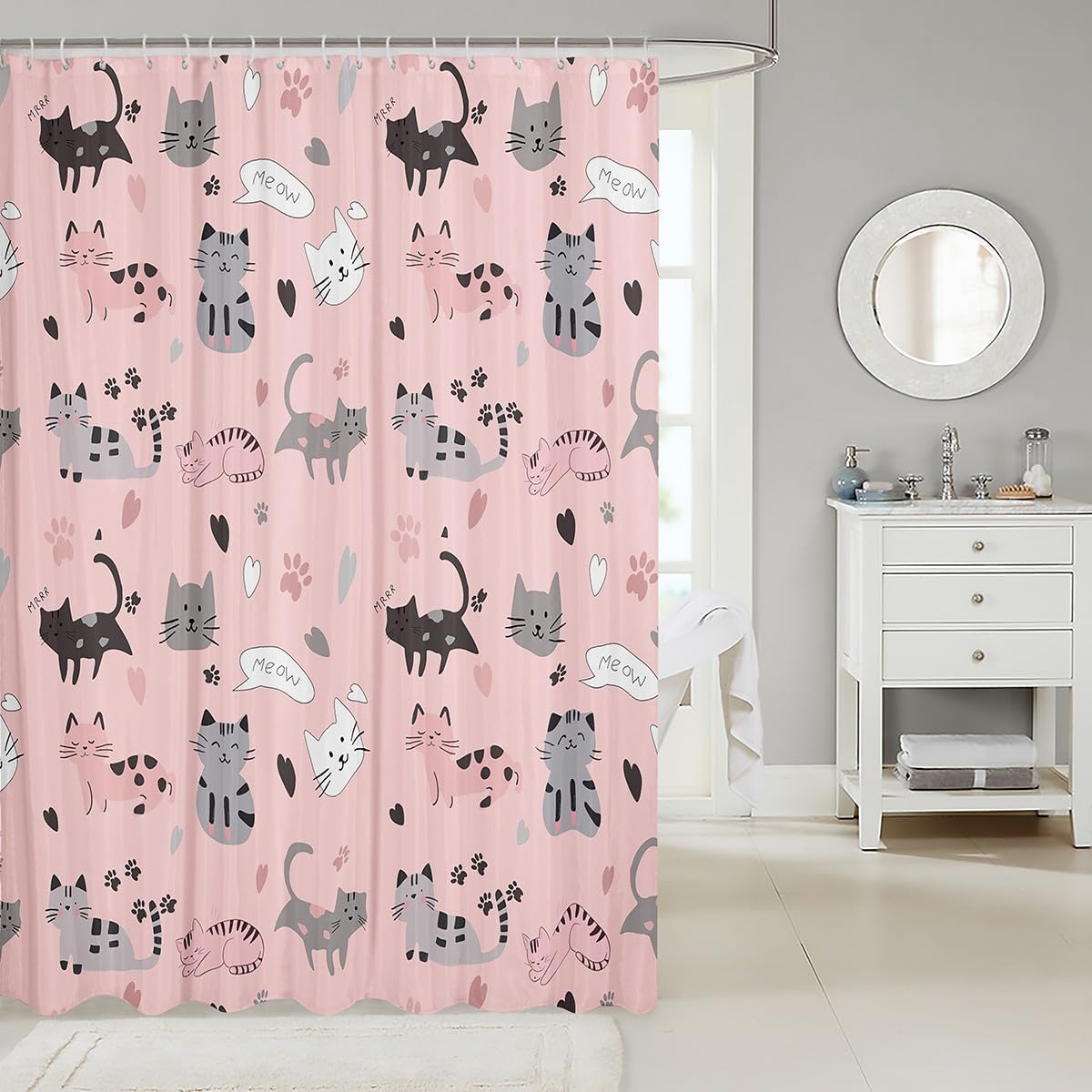 Erosebridal Black Cats Bathroom Curtain Grey Striped Kitten Bath Curtain Kids Kawaii Cute Shower Curtain 72Wx84L Heart Print Decor Bathroom Curtain Girls Pink Leopard Print Bath Curtain