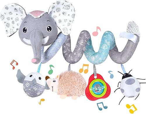 Koty Juguetes para asiento de automóvil, juguete colgante de felpa en espiral para bebé, bebé, cochecito, cuna con caja de música BB Squeaker y