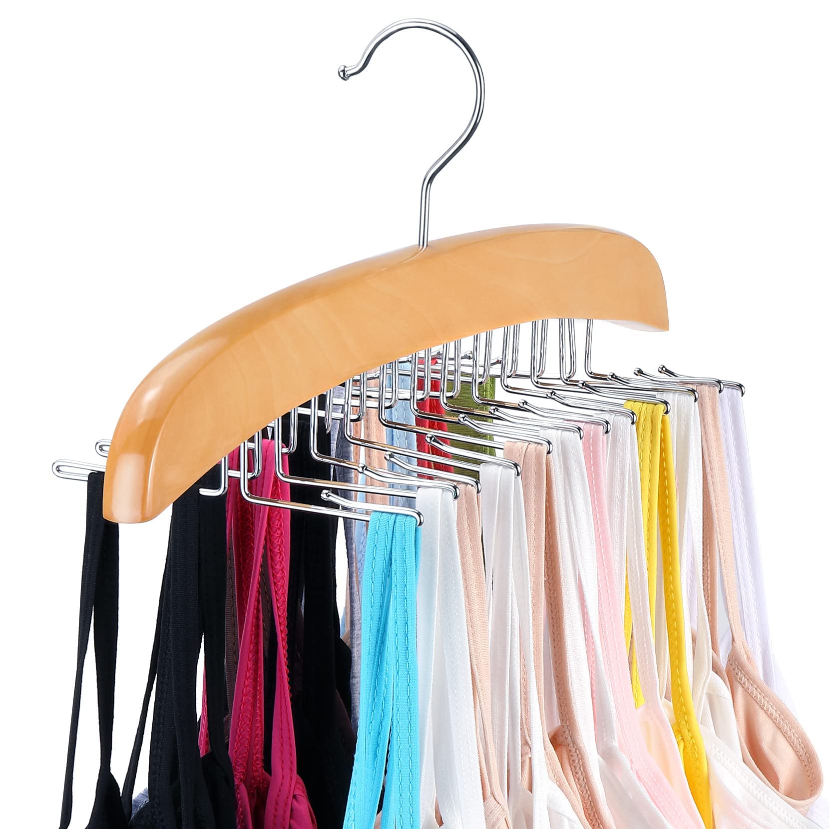 Tank Top Hanger with Premium Wood, 24 Large Capacity, Space Saving,360° Rotating, Foldable Metal Hooks, Camisole Organizer for Tank Tops, Camisole, Bathing Suits, Bras, Scarfs etc.