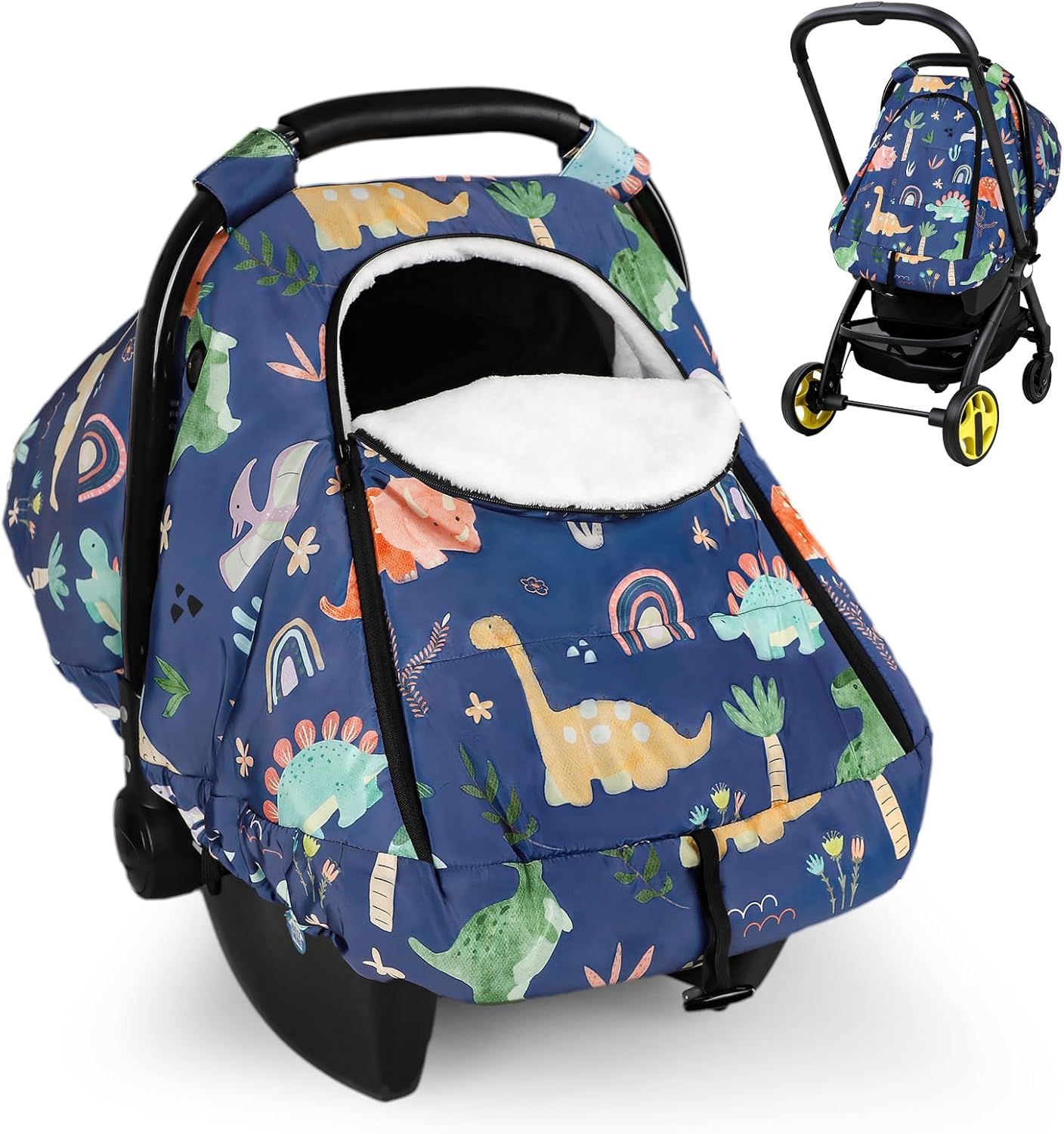 Winter Baby Car Seat Cover for Boys Girls, Warm and Cozy Infant Carseat Cover for Babies, Thickening Carseat Canopy Cover, Snow Resistant for Newborn Carrier Cover, Blue Dinosaur