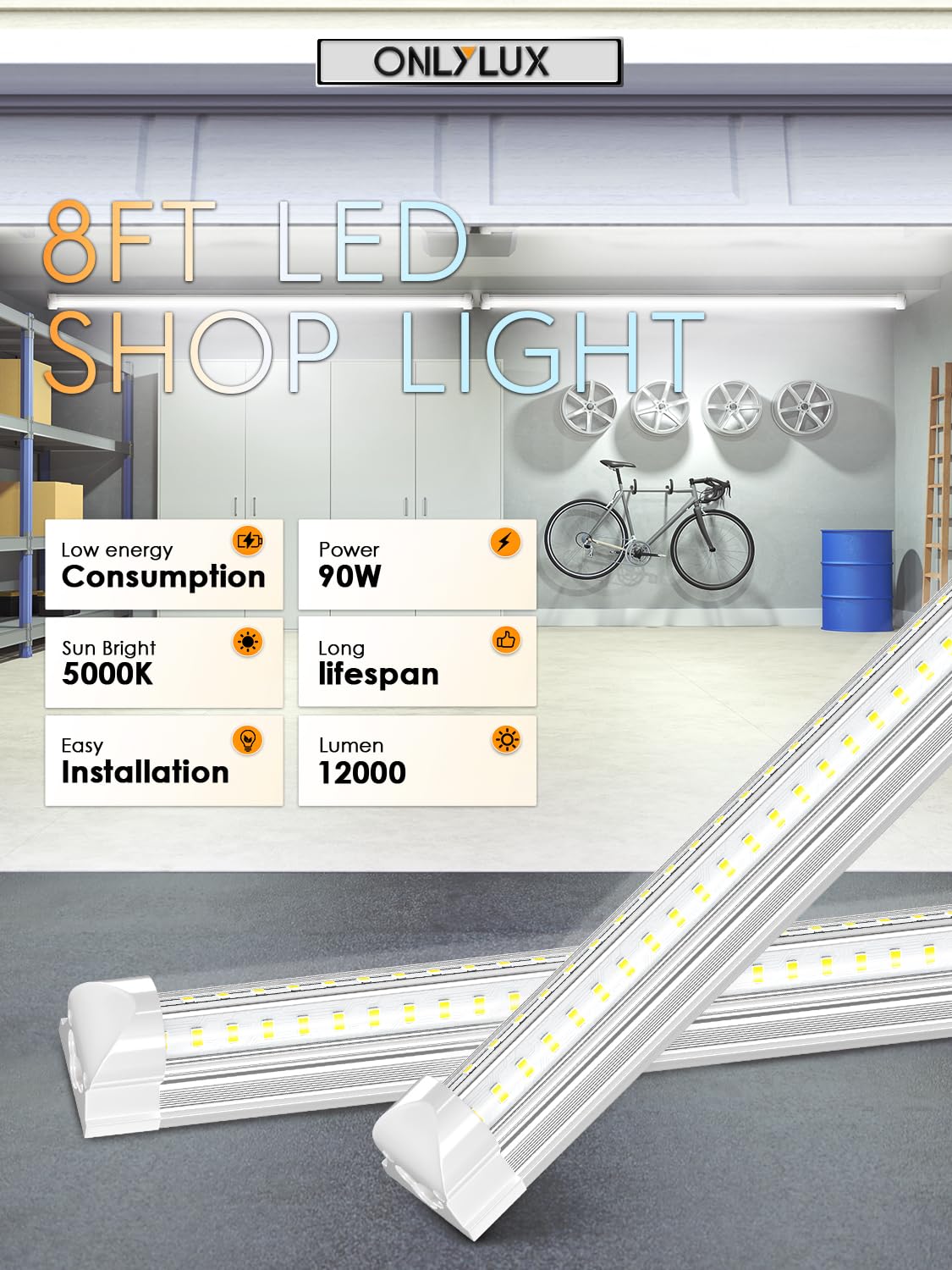 ONLYLUX 8ft LED Shop Light - 90W 12000lm 5000K, 8 Foot LED Shop