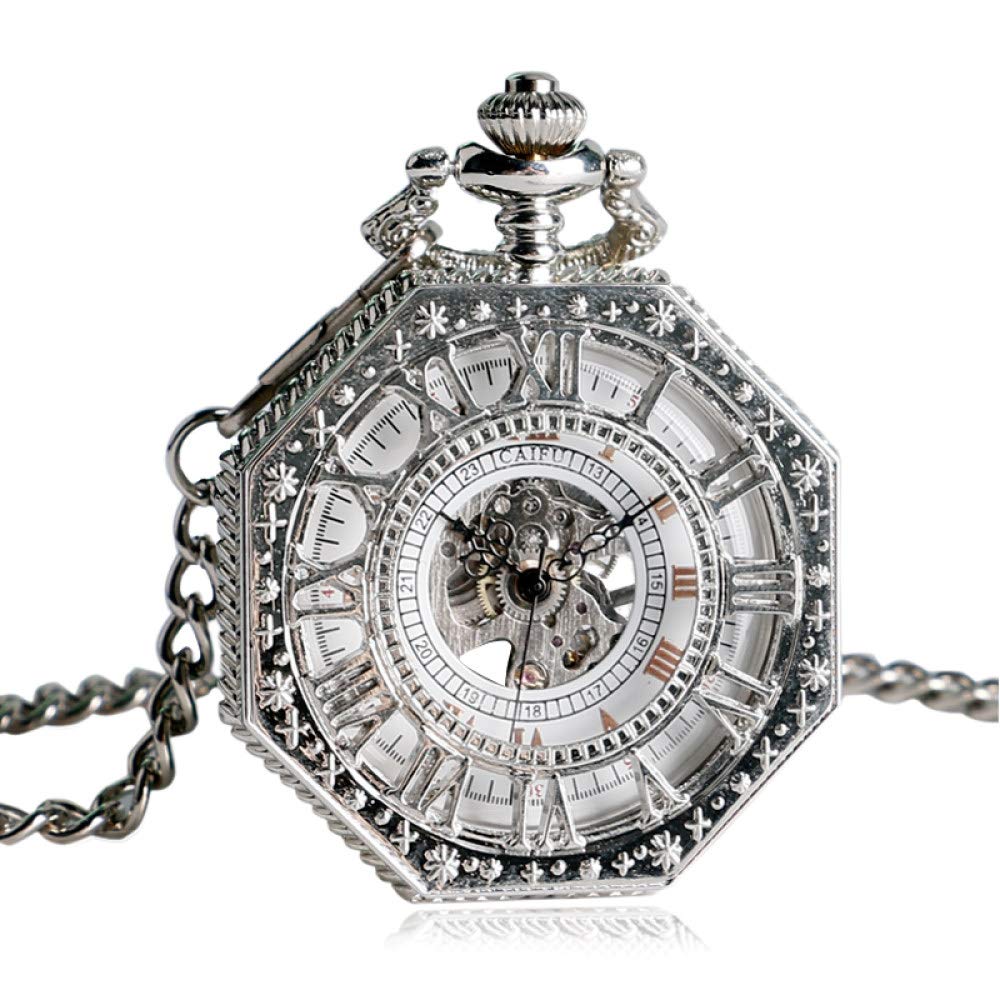 Handwickelnde mechanische Taschenuhr Kette Mode Silber Oktagon Form Skelett Schnitzmänner Uhren