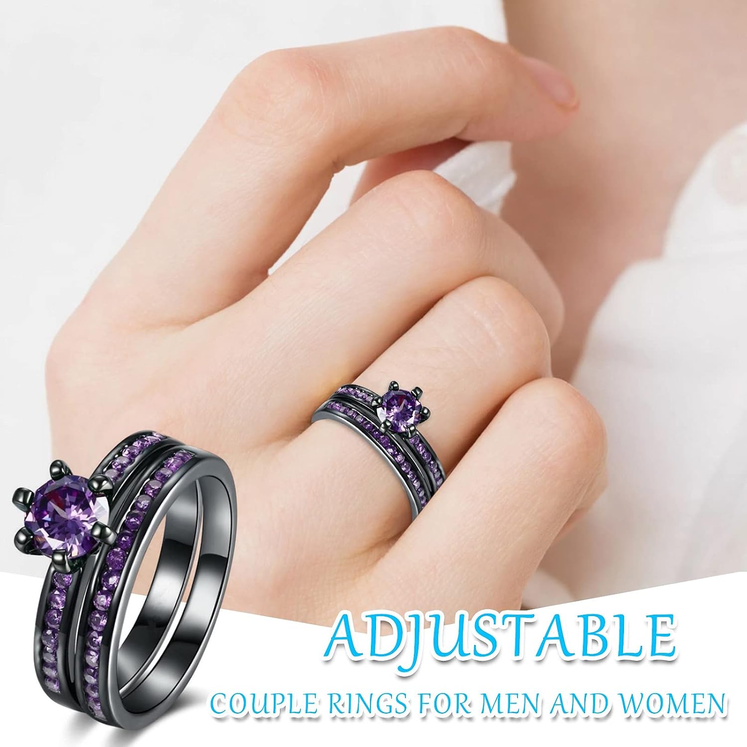 Bridal Sets Women Black Plated Wedding Rings Blue Purple Amethyst Round Cz Engagement Ring Sets 2pcs Wedding Band