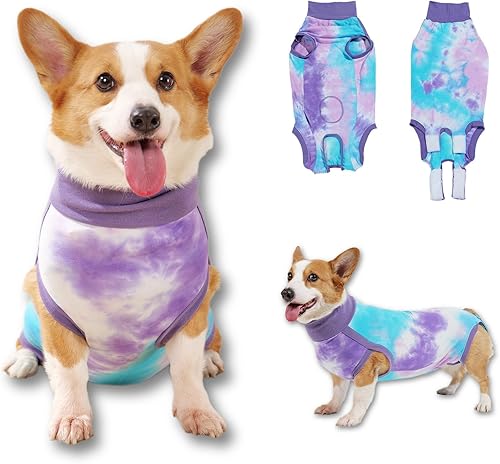 Miniatura 6 de TORJOY Traje de recuperación transpirable para perros machos y hembras mameluco de perro morado teñido anudado para heridas abdominales alternativa