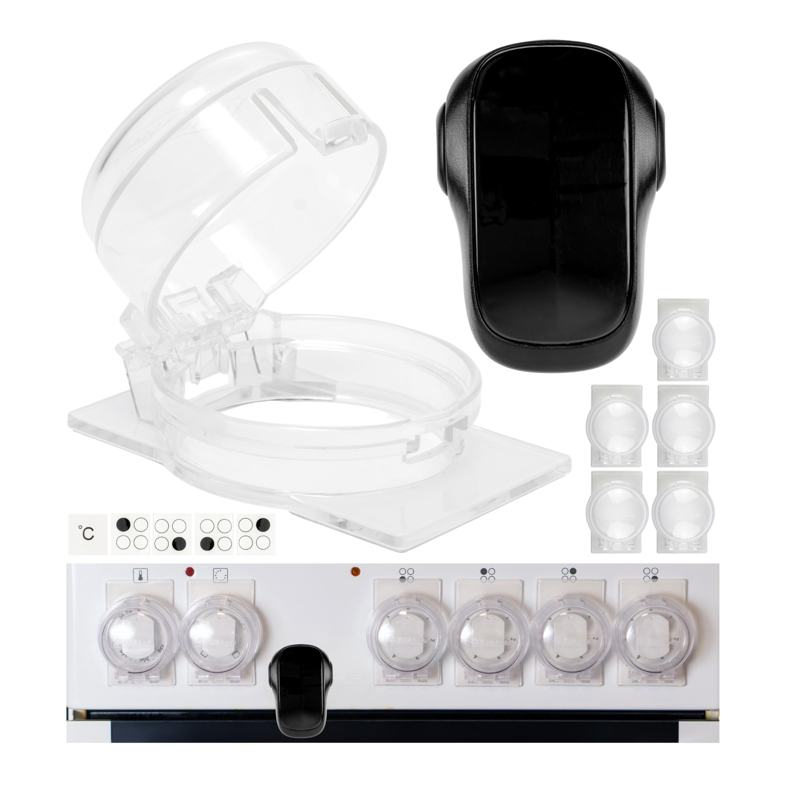 Herd Kindersicherung Set, für 6 Knöpfe, transparenter Kleber, mit Backofentür Babysicherung in Schwarz, für max. Ø 4,9 cm und 4 cm hohe Herdknöpfe mit min. 6,1 cm Abstand Mitte-Mitte, Herdschutz Kit
