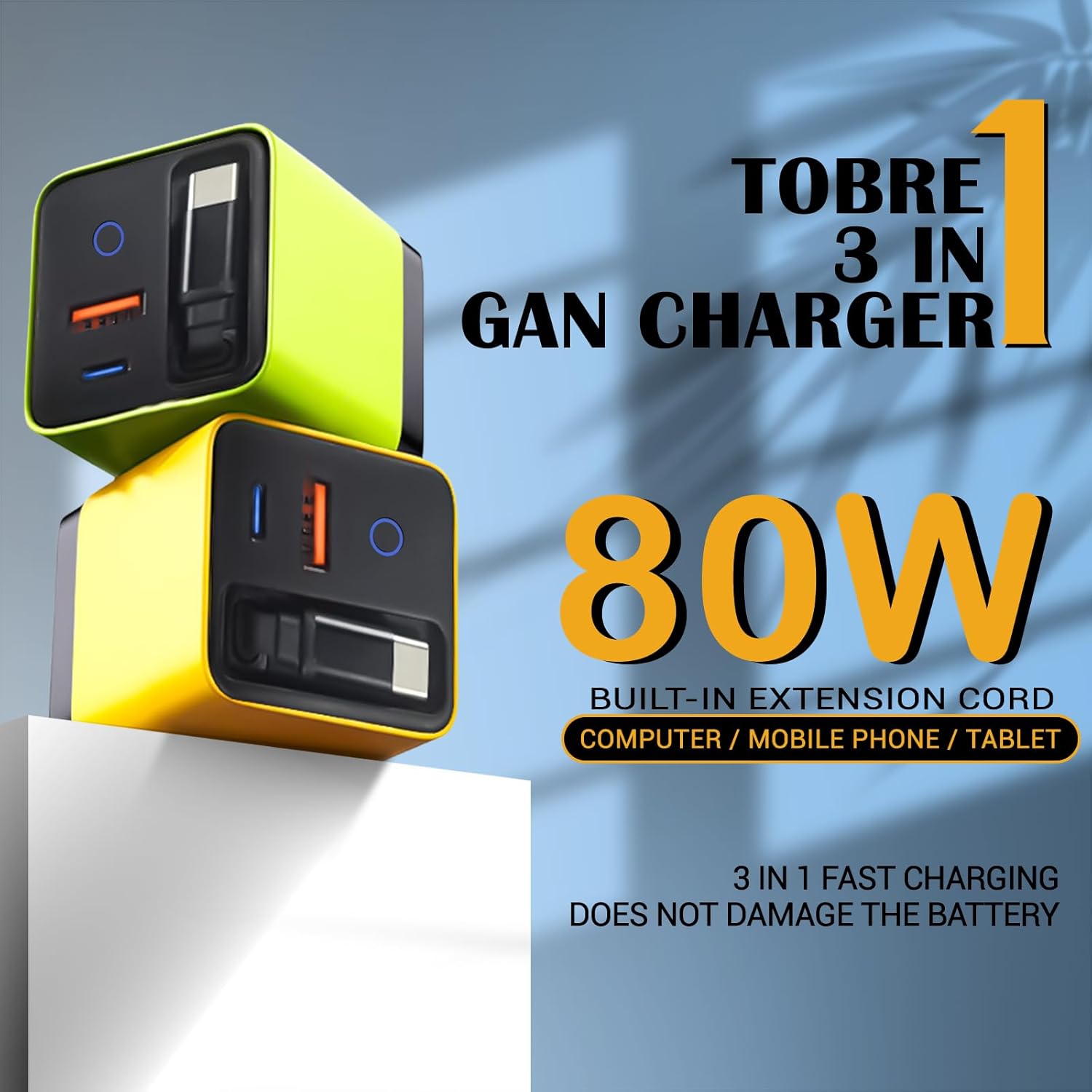 Tobre 3 in 1 GaN Charger, Scalable 80W Max Fast Charging Block with Retractable Type-C Cable & 2 USB Ports, All-in-One Wall Charger for iPhone 16/15/14, Galaxy S25, Pixel,Laptops (Yellow, 80)