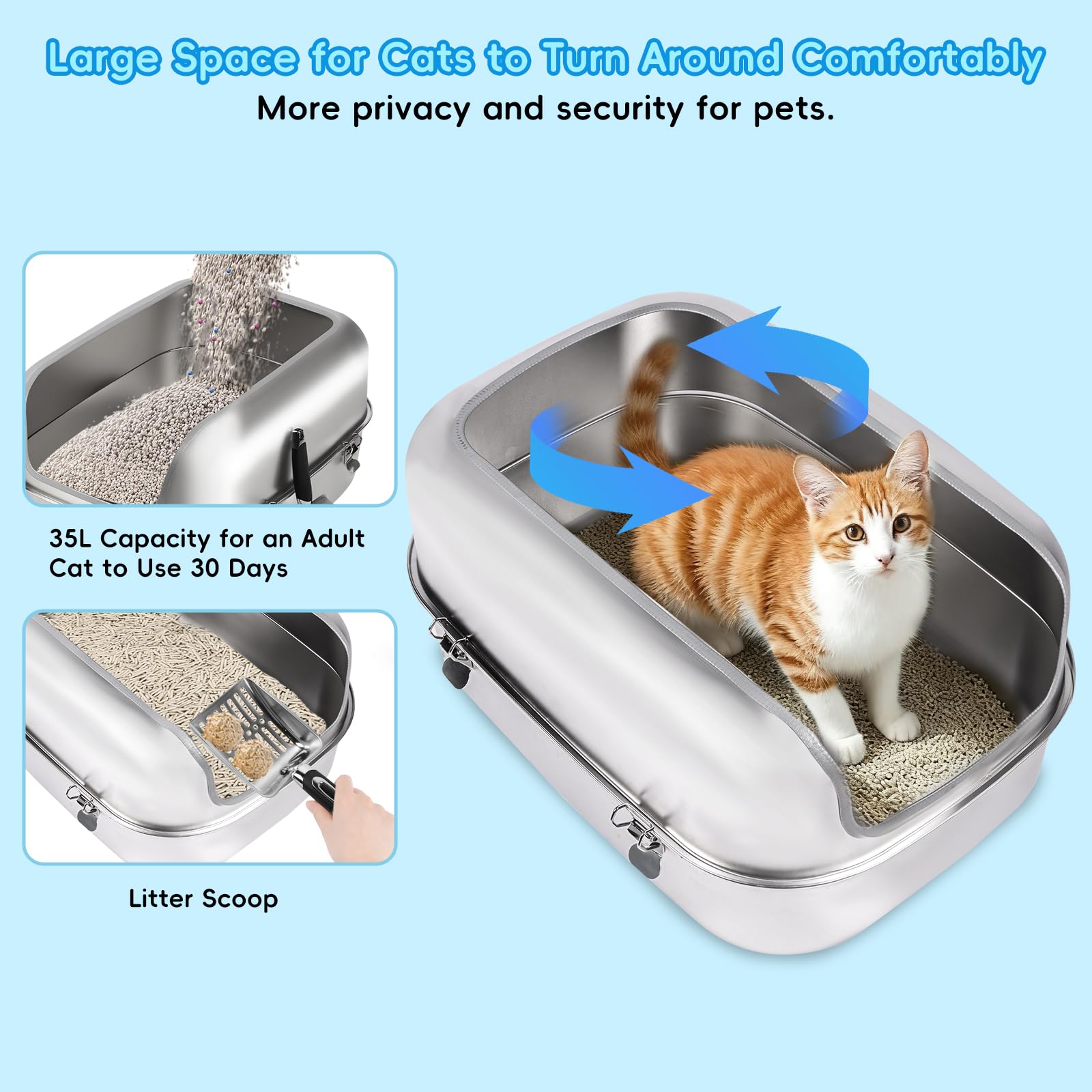 Lettiera per gatti in acciaio inox xl, 60x40x30cm Lettiera semi-chiusa in metallo con recinzione alta, paletta lettiera, antiaderente, facile da pulire