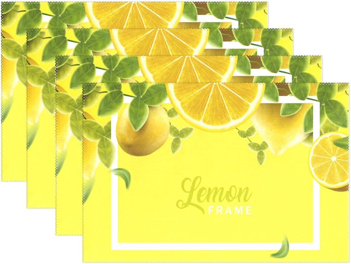 Summer Fruit Yellow Placemats Kitchen Table Mats for Dinning Room, Natural and Fresh Lemon with Green Leaves Non Slip Placemat, 12 x 18 inch Set of 6