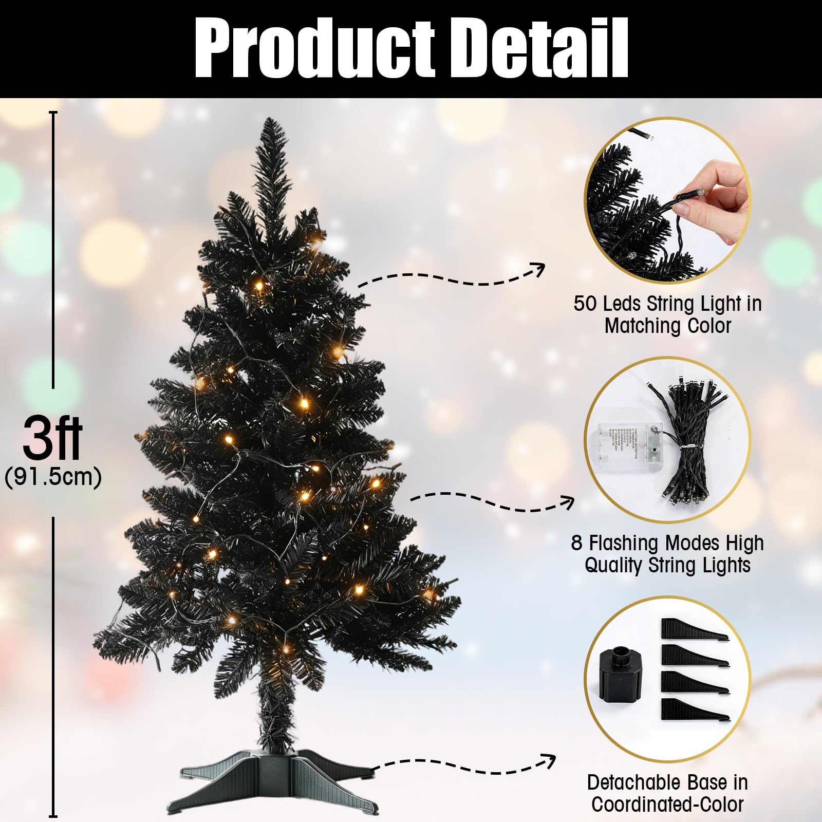 Sapin de Noël noir de 91 cm avec lumières – Petit sapin de Noël artificiel à charnière – Comprend une guirlande lumineuse de 50 LED, 160 branches denses et un support amovible – Sapin de Noël rose
