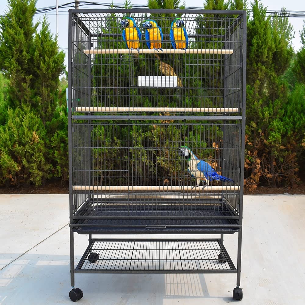 Melko Pajarera grande con ruedas, 164 x 109 x 75 cm, metal negro | Incluye perchas, comederos, bebederos para pájaros y bandeja de suciedad, para periquitos y loros, puertas con cerradura