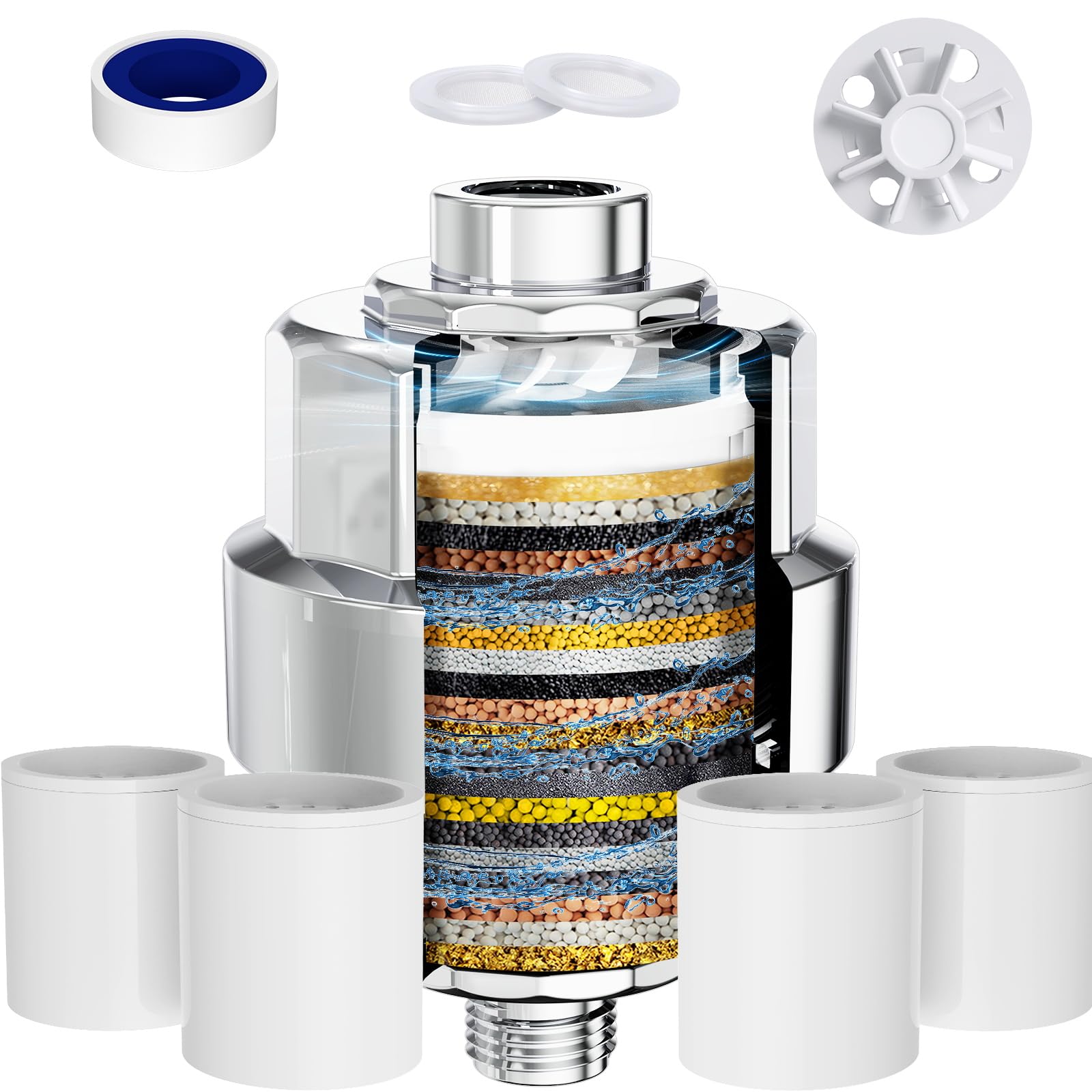 Shower Filter, EMBATHER 20 Stage Shower Head Filter for Hard Water with Spin Propeller, High Output Shower Softener Filter for Hair, Removing Chlorine, Dry Skin, Fluoride,4 Pack–Polished Chrome