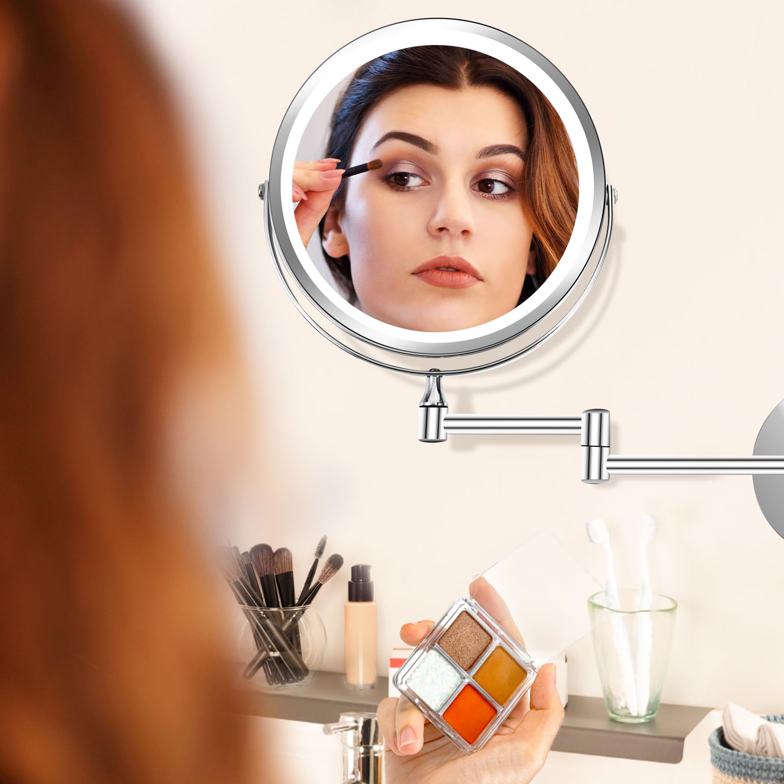 Specchio da trucco da parete da 20,3 cm, specchio cosmetico con ingrandimento 1x/10x, con luci, LED ricaricabile a 3 colori, luminosità regolabile, specchio da bagno con interruttore touch,