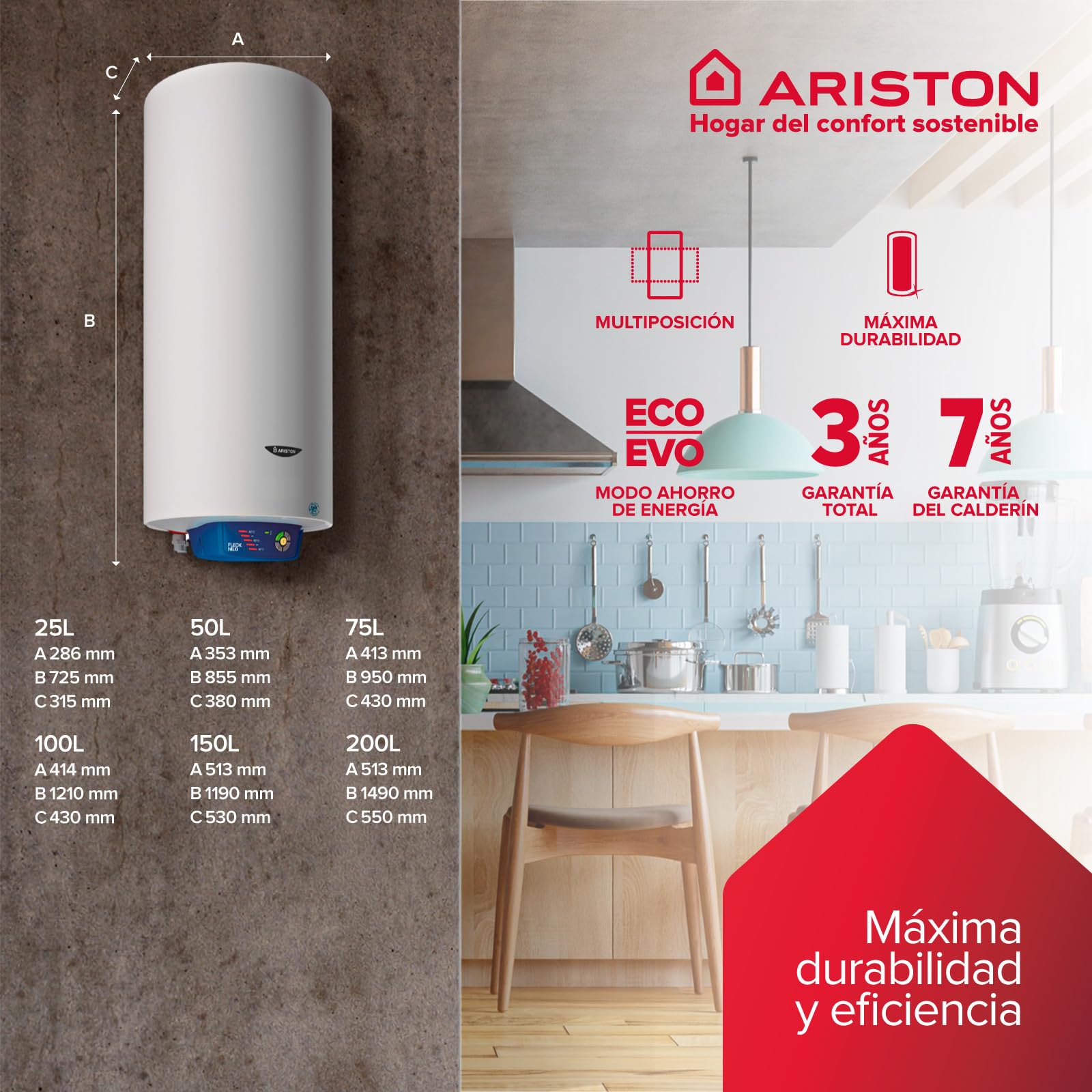 Ariston, Fleck Nilo - Termo Eléctrico 75 Litros, Calentador de Agua Eléctrico Horizontal y Vertical Eficiente, Calentadores 41.3x43x95 Fabricado para Instalación en España - Eficiencia B, Rango (A+/F)