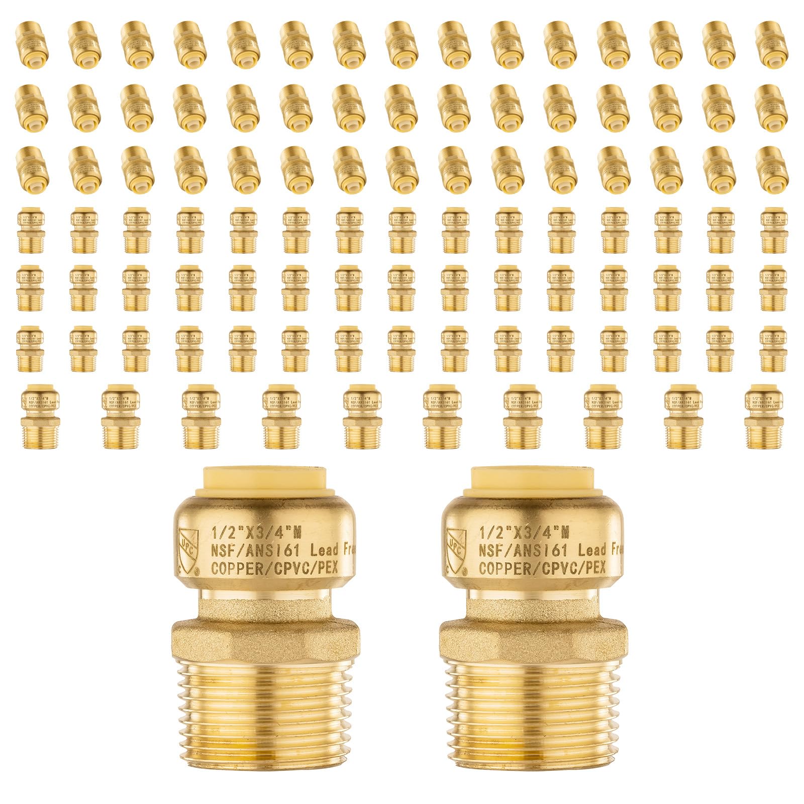 100 szt. złączek mosiężnych Foskan 1/2" Push-to-connect x 3/4" z gwintem zewnętrznym, do łączenia rur PEX, miedzianych, C, PE-RT, z zaciskiem rozłączającym do napraw hydraulicznych (PTC x MNPT)