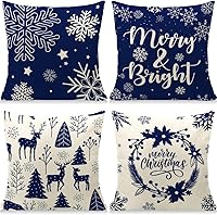 Vista 1 de Cirzone Juego de 4 fundas de almohada navideñas de 18 x 18 pulgadas, fundas de almohada navideñas de lino rústico, decoración navideña para cama