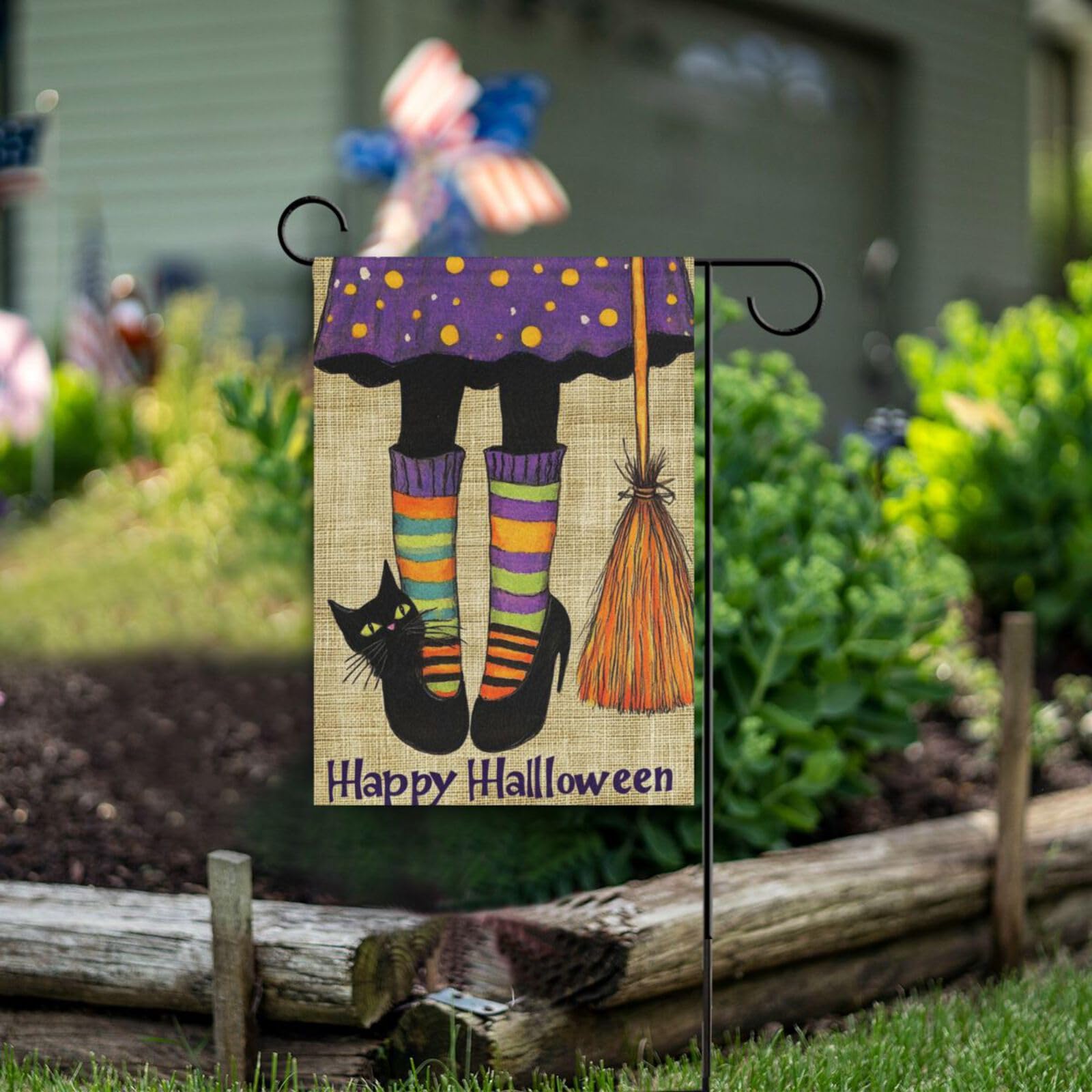 Herbst-Halloween Gartenflagge – Hexenstiefel & Schwarze Katze, 30,5x45,7 Cm, Doppelseitig, Wetterfest