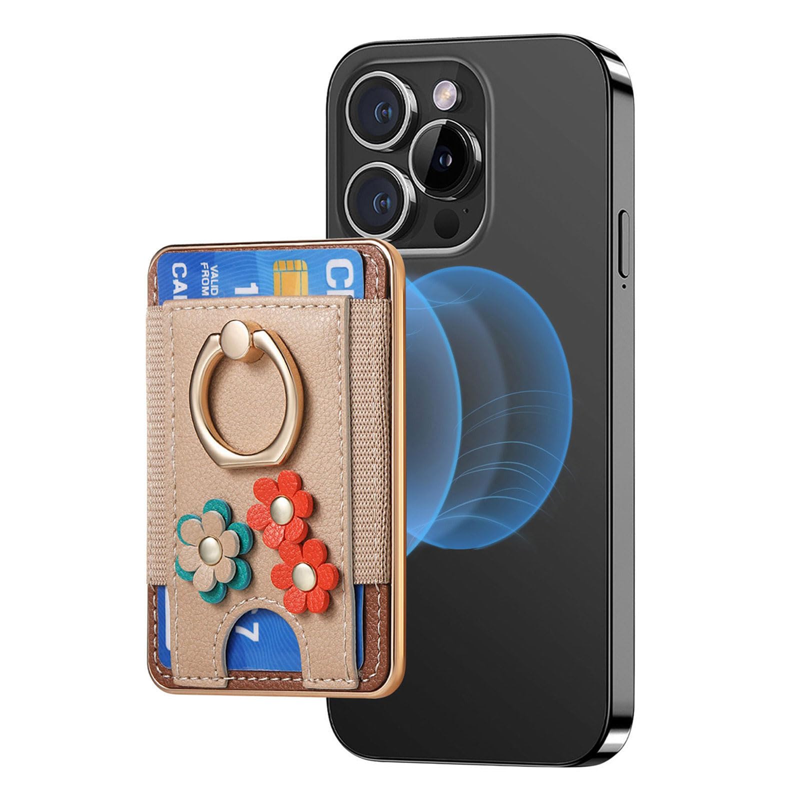 LoveMeGo for MagSafe Wallet, Leather Magnetic Phone Wallet with Ring Holder, Compatible with iPhone 15/14/13/12 Series, 7 Card Holder (Beige)