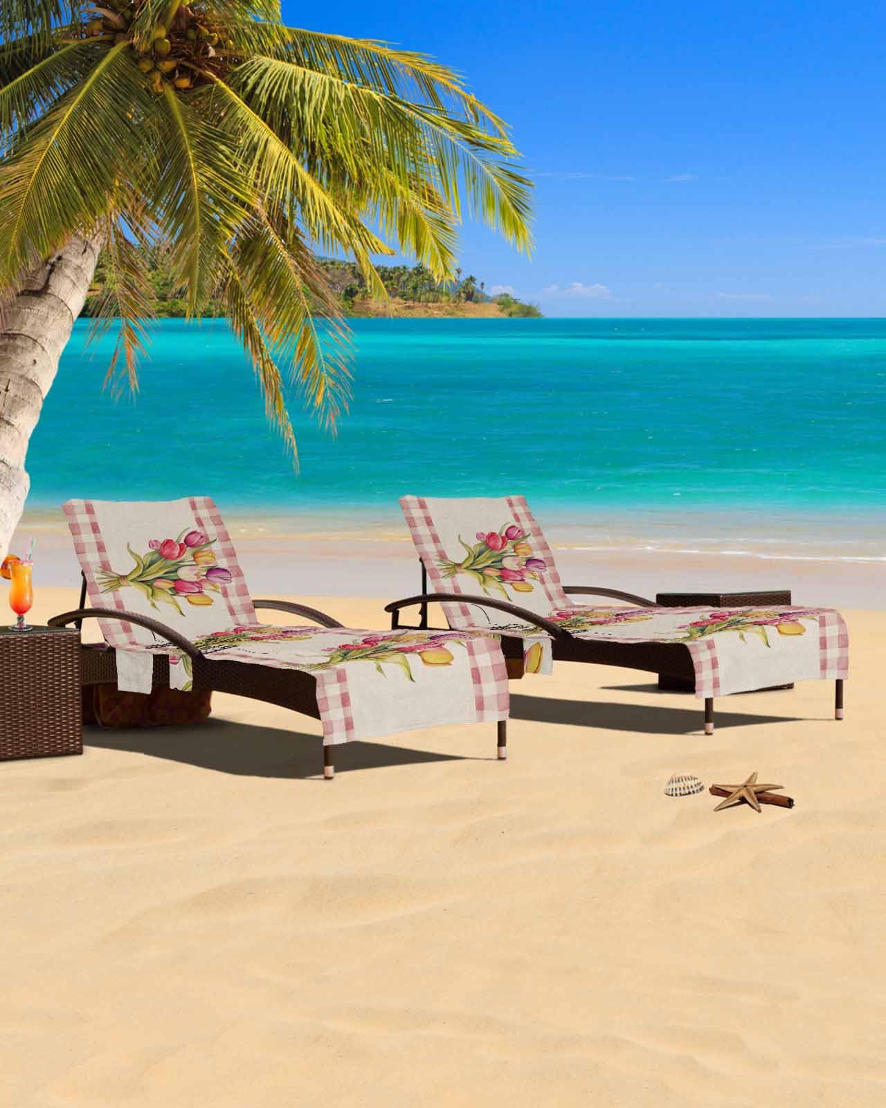 Pink Tulip Beach Chair Cover with Side Pockets, Microfiber & Quick Dry Pool Chaise Lounge Chair Towels Covers for Sun Sunbathing Patio Garden Hotel, Vintage Spring Flower Buffalo Plaid