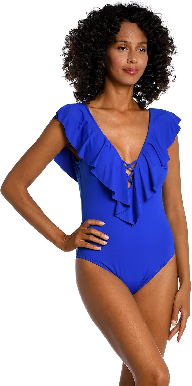 La Blanca Women's Standard Island Goddess Over The Shoulder Ruffle Plunge One Piece at  Women’s Clothing store