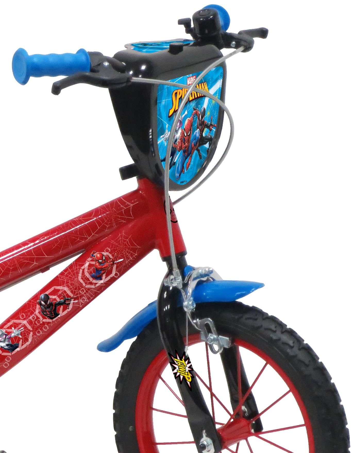 Vélo Enfant Garçon 14'' Spiderman équipé de 2 Freins, pneus gonflables, Plaque Avant décorative et bidon arrière
