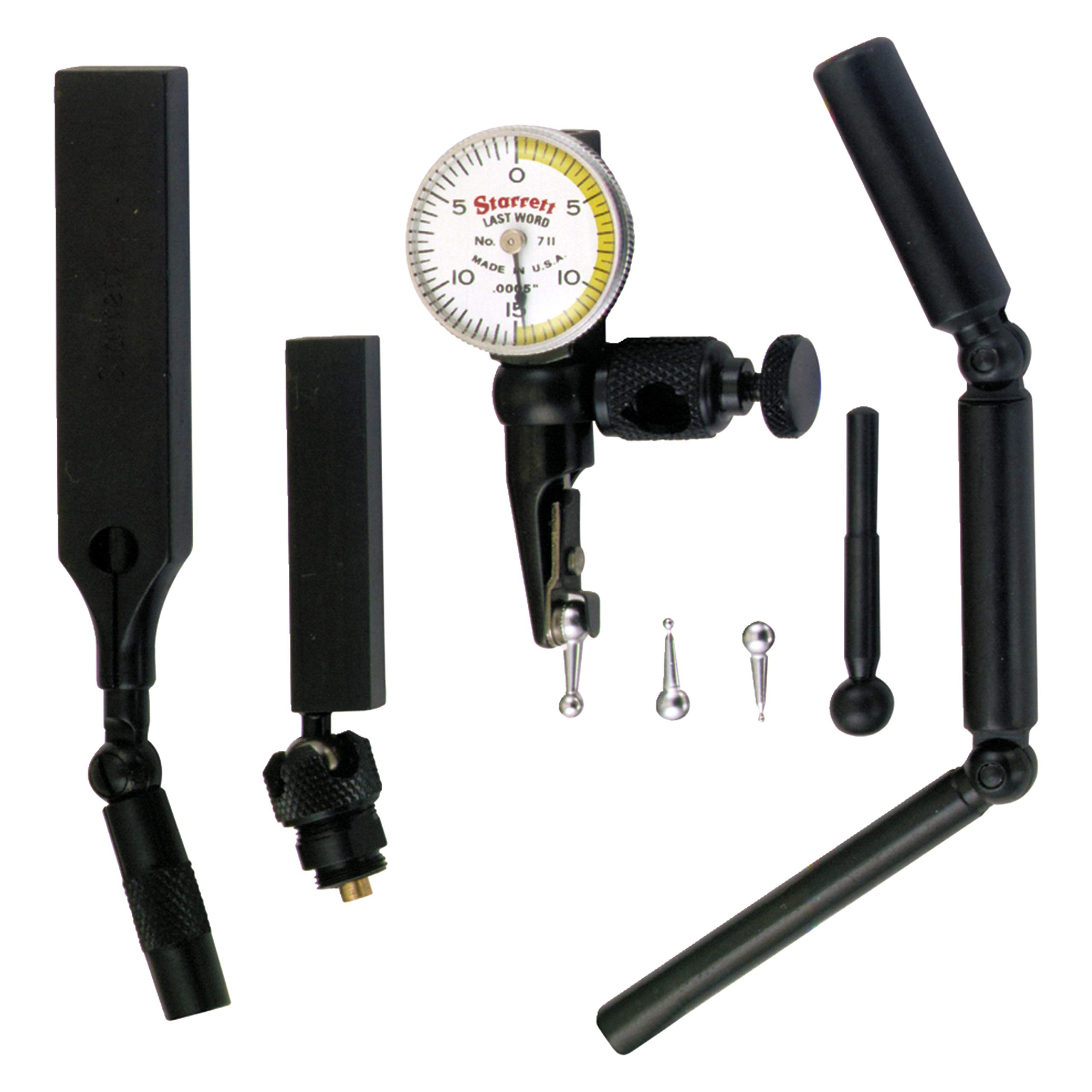 Starrett 711 Last Word Dial Test Indicator with All Attachments - White Half Shaded Face, .030" Range, 0-15-0 Dial Reading, .0005" Graduation -