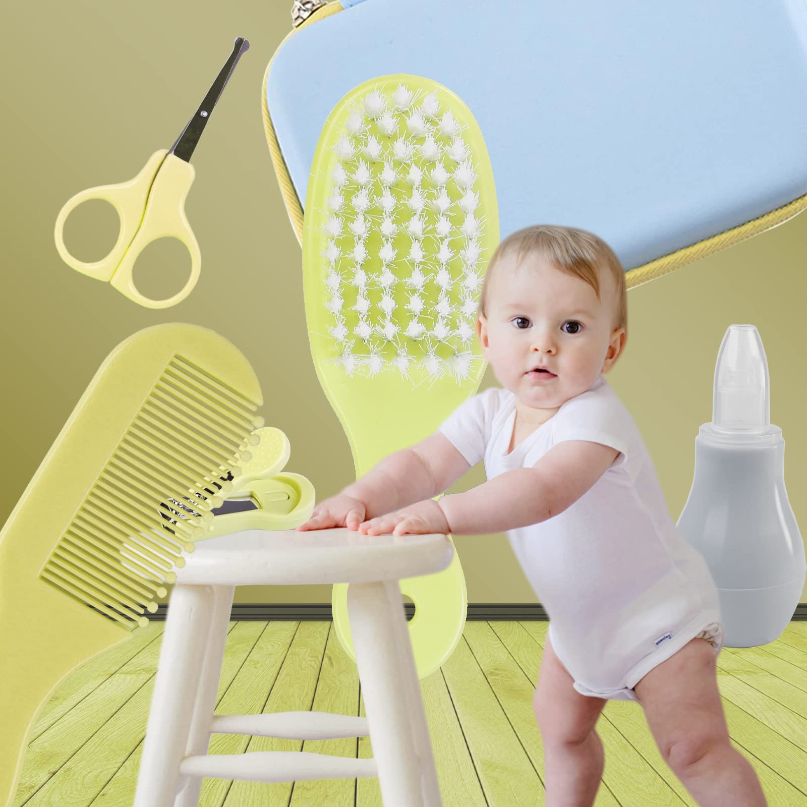 ZELIN YE - Kit de aseo para bebé, 8 en 1, cepillo de pelo de bebé, cortaúñas, limpiador de nariz, cepillo de dientes para dedos, tijeras de uñas, kit de manicura para el cuidado del bebé, mantener