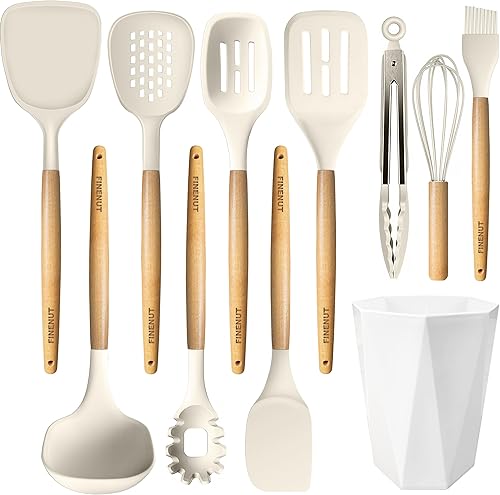 Juego de utensilios de cocina de silicona, 11 unidades, sin BPA y no tóxico, resistente al calor de 446 F, mango de madera, herramientas de cocina
