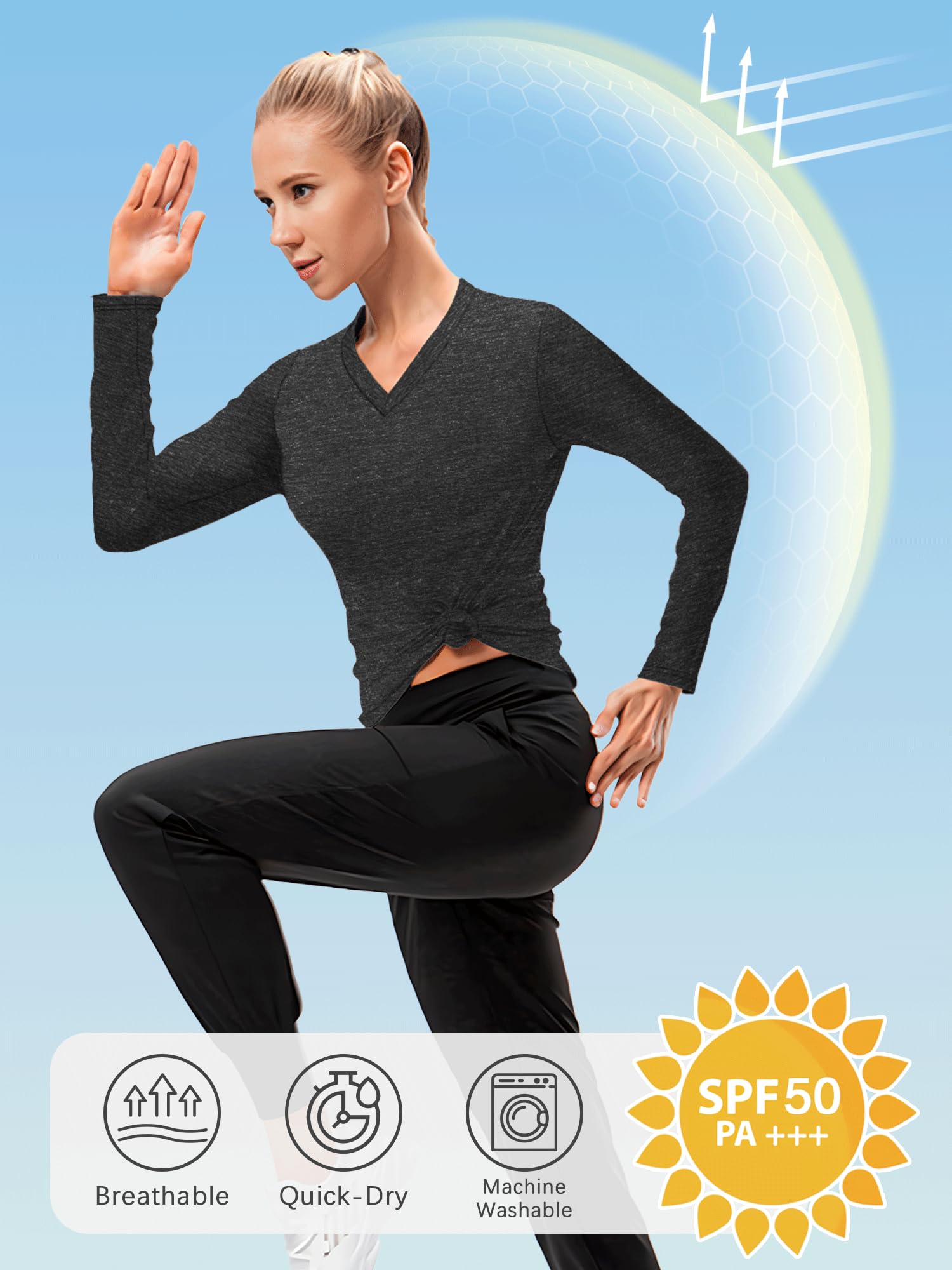 Maglietta sportiva da donna, a maniche corte, con scollo a V, UPF 50+, sportiva, traspirante, per allenamento, palestra, yoga