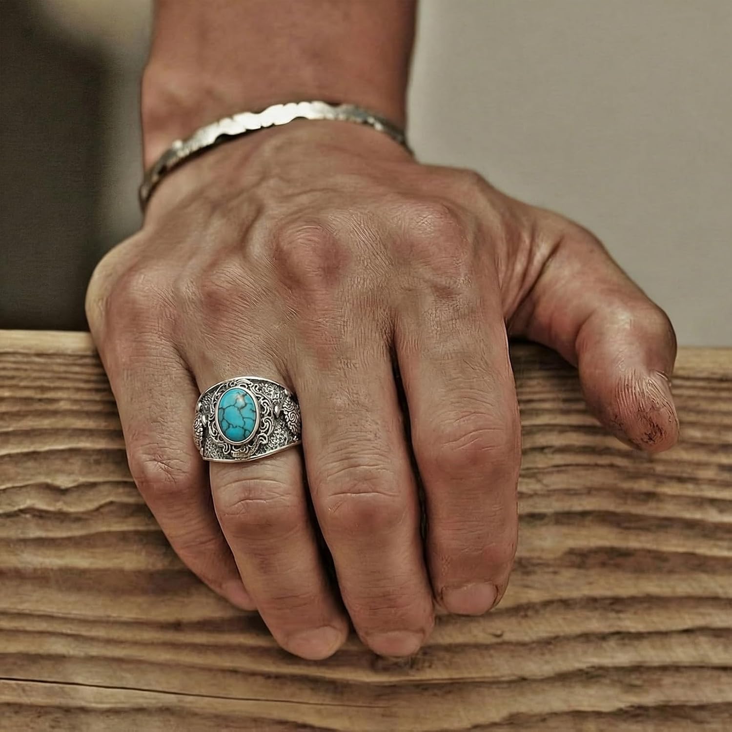 Men's 925 Sterling Silver Vintage Sea Turtle Ring, Oval Gemstone Statement Ring for Men, Sizes 6-15