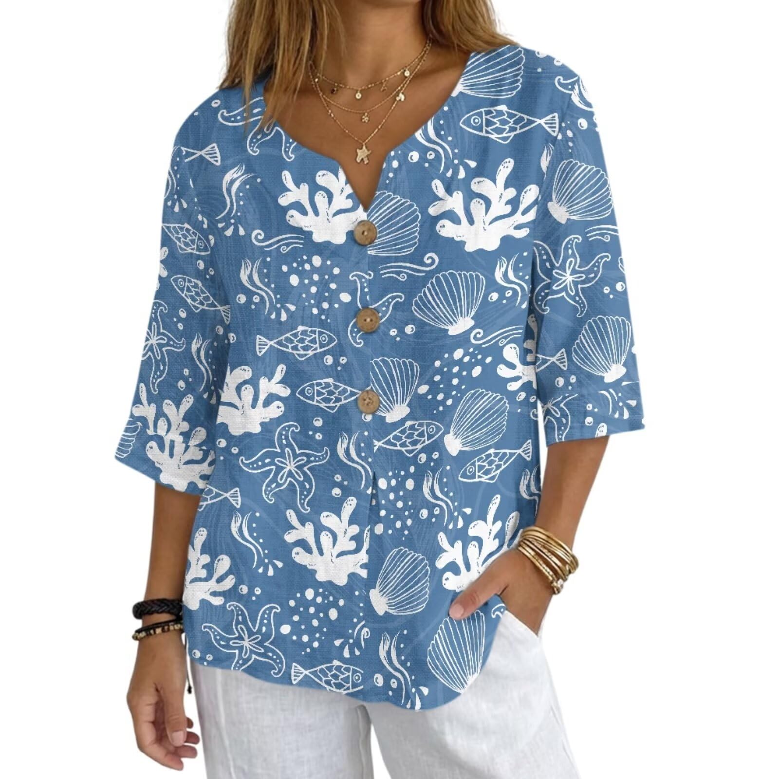 Women's V-Neck Tunic Top, Casual Polyester Linen Blouse with Decorative Buttons, Loose Fit Easy Care Everyday Wear