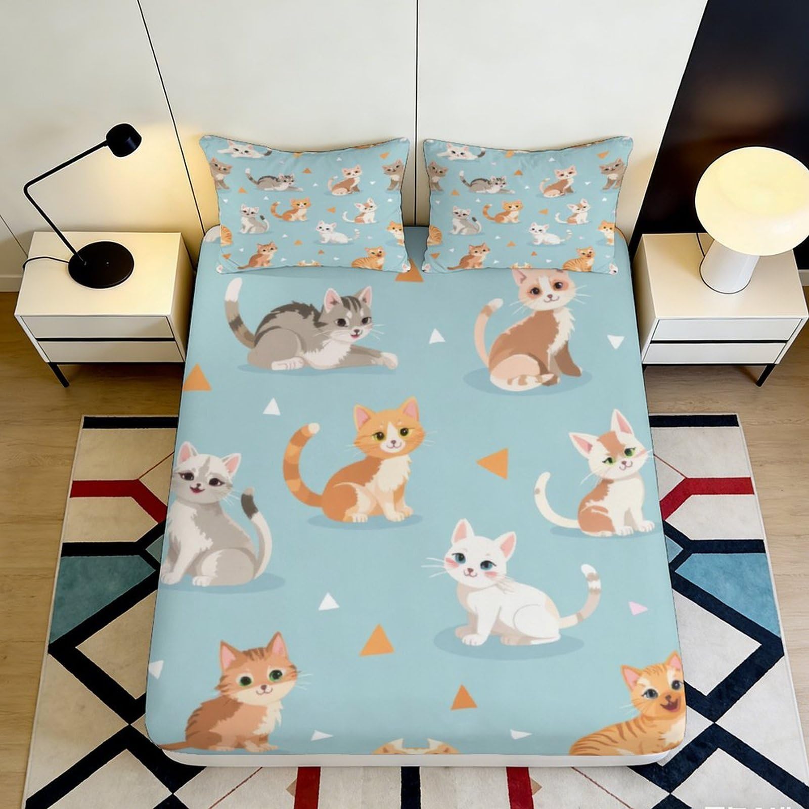 Pnayamiorkfel Style-9 3D Printed Cute Cartoon Cat Fitted Sheet Microfiber Soft Bedroom Decor Orange Blue Kitten Mattress Cover 90X200x25cm