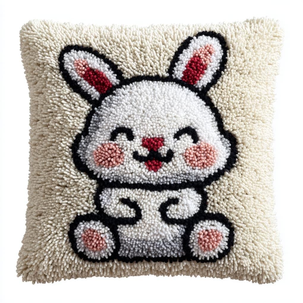 Henypt DIY Latch Hook Cushion Kit,Cute Cartoon Rabbit 43x43cm Sofa Pillow Cover Making Set,Premium Yarn & Printed Canvas with Clear Instructions