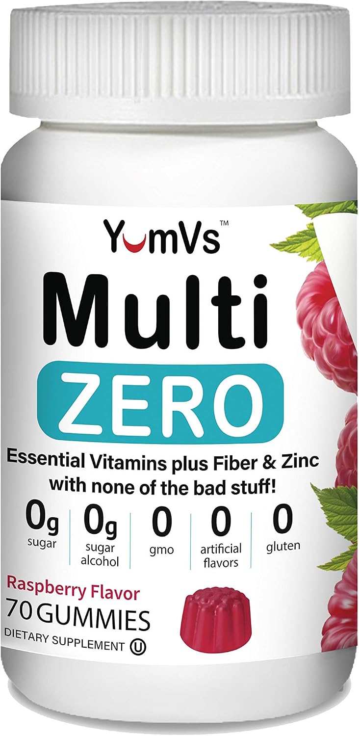YUM-V'S Multi Zero Multivitamin Gummies by YumVs | Keto Friendly Sugar Free Supplement for Women and Men | Vitamin C, A, D3, E, B6 + Fiber and Zinc | Natural Raspberry Flavor Chewables - 70 Count