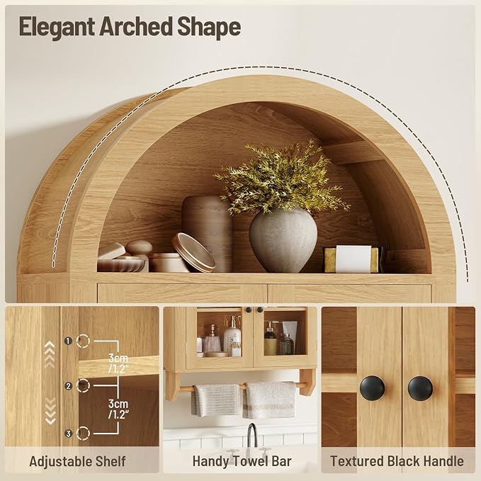 Armario de baño mural arqueado, natural | Armario de almacenamiento mural con barra para toallas, armario de medicamentos de madera con puertas de vidrio y estante ajustable, sobre el inodoro miniatura 4