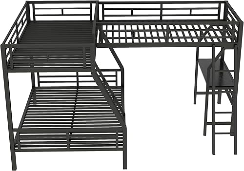 Miniatura 40 de Litera en forma de L individual sobre cama matrimonial adjunta, litera triple de metal con escritorio y tobogán integrados, marco de literas de