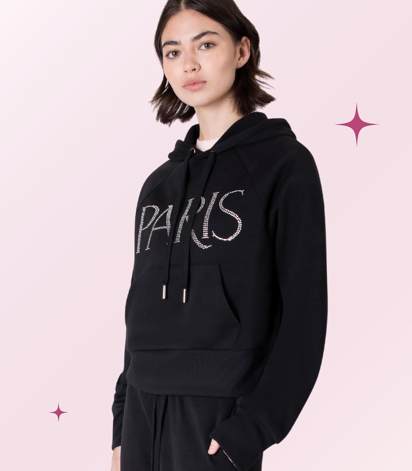 Paris Hilton Women's Embellished PARIS Pullover Sweatshirt Hoodie, Black