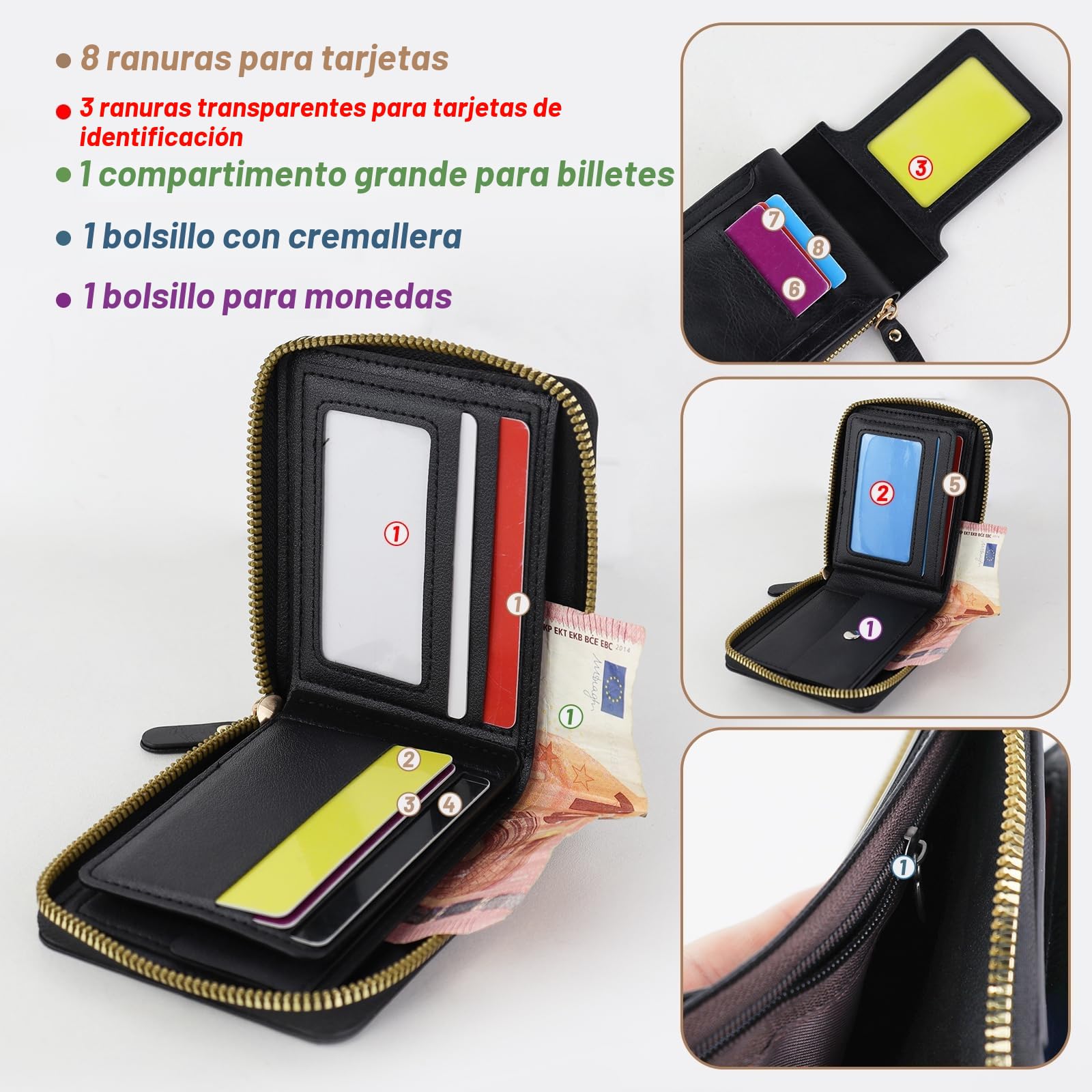 FuninCrea Cartera Hombre Cremallera Hebilla Múltiples Compartimentos Monedero Pequeña Ventanillas Identificación Tarjetas