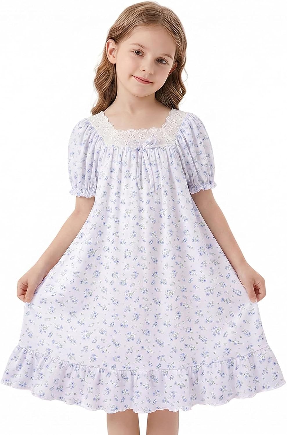 MHJY Toddler Girls Nightgowns Puff Short Sleeve Princess Nightgown Lace Soft Vintage Kids Sleepwear Nightdress