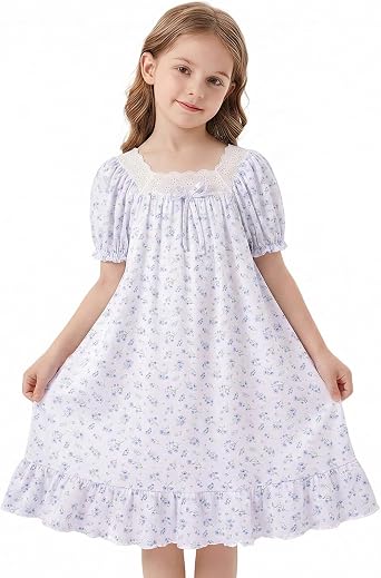 MHJY Toddler Girls Nightgown, Soft Lace Puff Sleeve Vintage Sleepwear